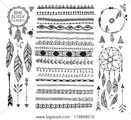 vector floral decor set, collection of hand drawn doodle boho style dividers, borders, arrows design