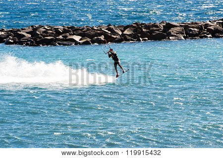 Puerto de Guimar , Tenerife, Spain  - December 27, 2015: Kite surfing  in Puertito de Guimar, Tenerife, Canary Islands, Spain