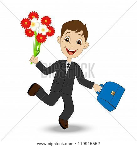 Cheerful Boy With A Bouquet Of Flowers On White Background