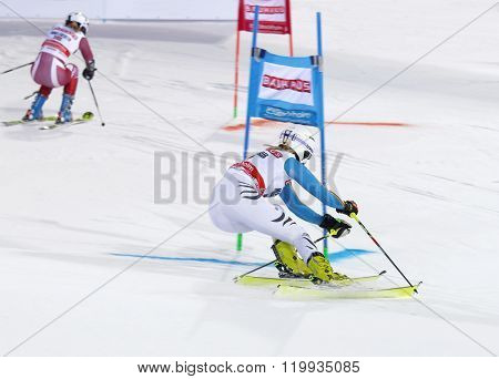 STOCKHOLM SWEDEN - FEB 23 2016: Maren Wiesler (GER) and competitor skiing at the FIS Alpine Ski World Cup - Men's and Woman's city event February 23 2016 Stockholm Sweden