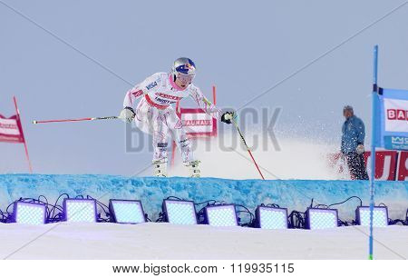 STOCKHOLM SWEDEN - FEB 23 2016: Lindsey Vonn (USA) jumping at the FIS Alpine Ski World Cup - Men's and Woman's city event February 23 2016 Stockholm Sweden