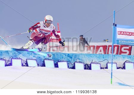 STOCKHOLM SWEDEN - FEB 23 2016: Skier Kjertil Jansrud (NOR) jumping at the FIS Alpine Ski World Cup - city event February 23 2016 Stockholm Sweden