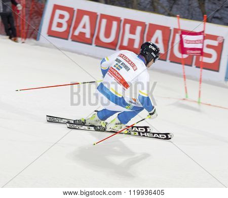 STOCKHOLM SWEDEN - FEB 23 2016: Andre Myhrer (SWE) skiing at the FIS Alpine Ski World Cup - city event February 23 2016 Stockholm Sweden