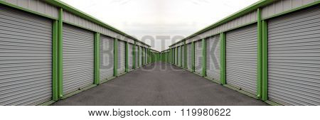 Detail of storage units building with sliding garage style doors