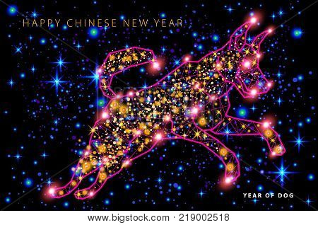 Happy Chinese New Year Dog Shepherd Head In Polygonal Style. Triangle Vector Illustration Of Animal