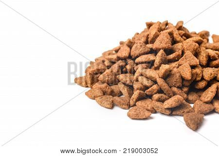 Cat food isolated on white background on the right side of the frame