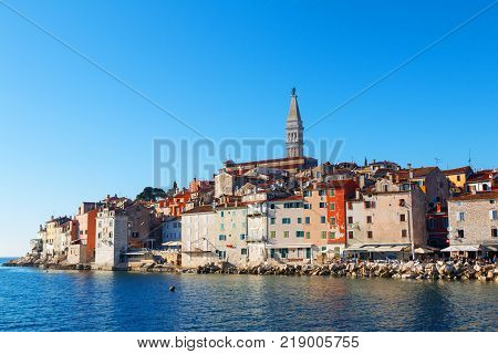 Medieval town of Rovinj colorful with houses and church in Croatia