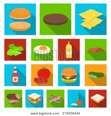 Burger and ingredients flat icons in set collection for design. Burger cooking vector symbol stock  illustration.