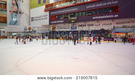 DUBAI, UNITED ARAB EMIRATES - MARCH 31st, 2014: The ice rink of the Dubai Mall, Dubai Mall is the largest shopping mall in the world with some 1200 stores.