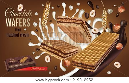 Vector realistic illustration of milk wafers with chocolate and hazelnuts cream. Horizontal ads poster with sweets.