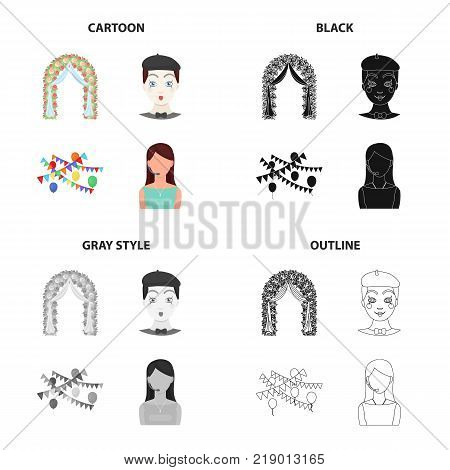 Arch for the ceremony, the host of the event, a comic man, the decoration of the celebration.Event Service set collection icons in cartoon black monochrome outline style vector symbol stock illustration .