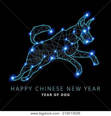 Happy Chinese New Year Dog Shepherd Head In Polygonal Style. Triangle Vector Illustration Of Animal
