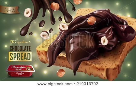 Vector realistic illustration of milk chocolate spread with hazelnuts. Horizontal ads poster with bokeh background.
