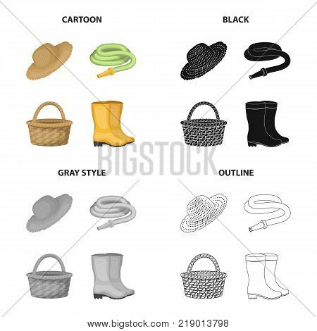 Farm hat, watering hose, basket, rubber boots. Farm and vegetable garden set collection icons in cartoon black monochrome outline style vector symbol stock isometric illustration .