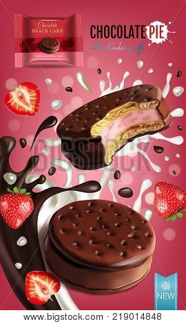 Vector realistic illustration of chocolate pie with milk and strawberry souffle. Vertical ads poster with bokeh background.