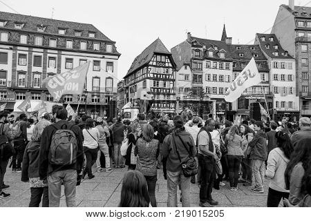 STRASBOURG FRANCE - MAY 30 2015: Black and white image from March for Jesus the annual interdenominational event by Christians in Place Kleber