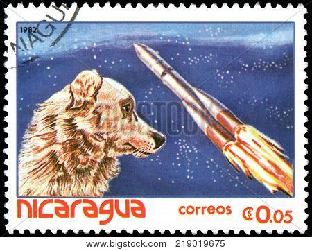 NICARAGUA - CIRCA 1982: A stamp, printed in Nicaragua, shows Dog-cosmonaut Laika