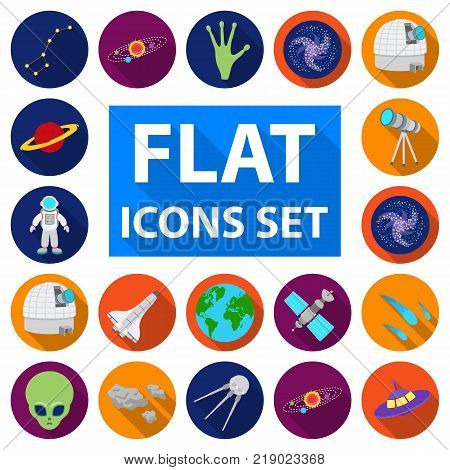 Space technology flat icons in set collection for design.Spacecraft and equipment vector symbol stock  illustration.