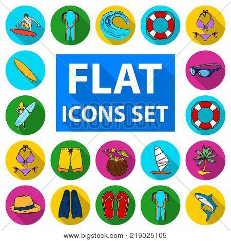 Surfing and extreme flat icons in set collection for design. Surfer and accessories vector symbol stock  illustration.