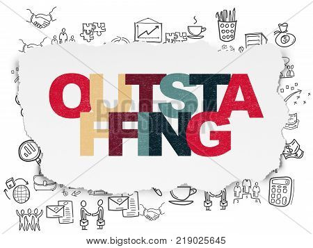 Business concept: Painted multicolor text Outstaffing on Torn Paper background with  Hand Drawn Business Icons