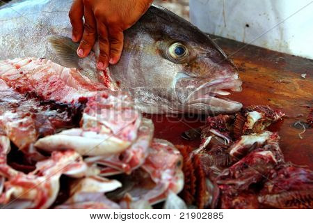 fiskehandleren hænder forbereder ravfisk fisk fileten på træ bord