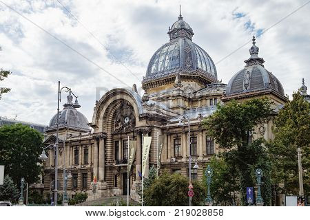 Bucharest, Romania - September 9, 2017: Side view of the The CEC Palace The Palace of the Savings Bank in the historical center Lipscani Street, Bucharest, Romania.