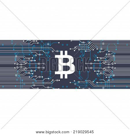 Abstract Bitcoin Crypto Currency Blockchain Technology On Global World Map. Vector Illustration.
