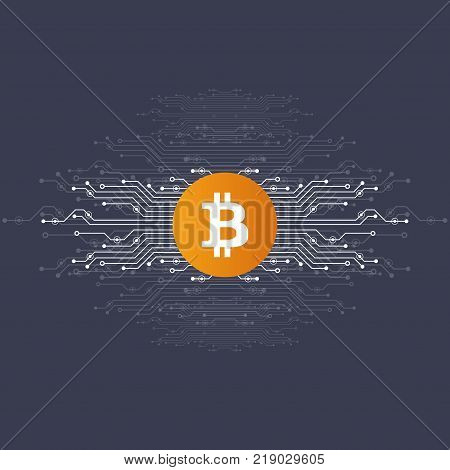 Abstract Bitcoin Crypto Currency Blockchain Technology On Global World Map. Vector Illustration.