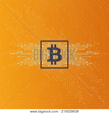 Abstract Bitcoin Crypto Currency Blockchain Technology On Global World Map. Vector Illustration.