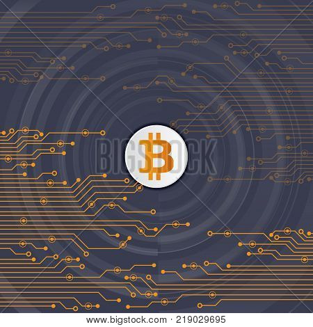 Abstract Bitcoin Crypto Currency Blockchain Technology On Global World Map. Vector Illustration.