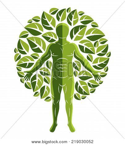 Vector athletic man created using organic green tree leaves. Green tourism go green idea illustration.