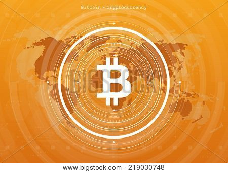 Abstract Bitcoin Crypto Currency Blockchain Technology On Global World Map. Vector Illustration.