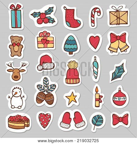 Merry Christmas, Happy New Year cute hand drawn elements. Collection of Holiday items. Trendy minimal design. Ideal for greeting cards, posters, stickers, invitations, gift tags. Vector.