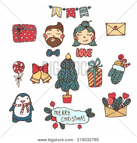 Merry Christmas, Happy New Year cute hand drawn elements. Collection of Holiday items. Trendy minimal design. Ideal for greeting cards, posters, stickers, invitations, gift tags. Vector.