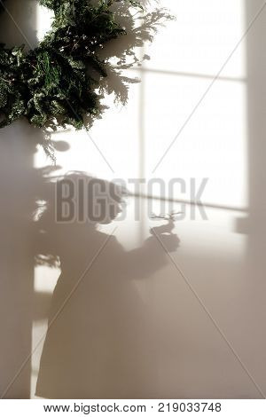 Shadow of small girl stands in spacious room decorated with green garland, holds toy deer, admires winter majestic. Silhouette of little female kid plays with her favourite toy. Christmas concept.