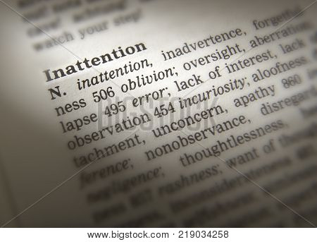 Cleckheaton, West Yorkshire, Uk: Thesaurus Page Showing Definition Of Word Inattention, 30th March 2