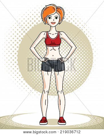 Young beautiful redhead athletic woman posing. Vector illustration of attractive female wearing shorts. Active and healthy lifestyle theme cartoon.