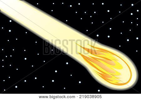 A fiery meteor is hurtling through space against a backdrop of glowing stars