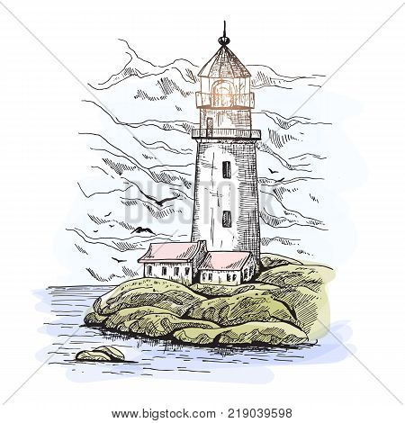 Sketch of lighthouse on island with rocks. Warehouse building or keeper house. Beacon with hazard beam or searchlight. Architecture and harbor guidance, ocean and marine theme