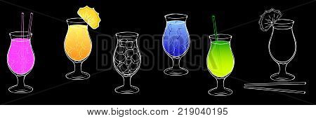 A set of images of cocktails with ice on a black background. A glass for Pina Kolada. Refreshing, summer cocktails, straw, a slice of pineapple, fruit cocktails. Crazy cocktails Vector Eps10