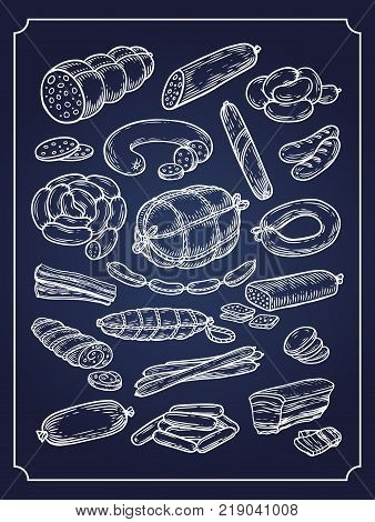 Set of isolated sketches of meat products or food. Lard or axunge, wurst and frankfurter sausage, kielbasa and pork steak, beef roulade. Gourmet nutrition, grocery, gastronomy theme