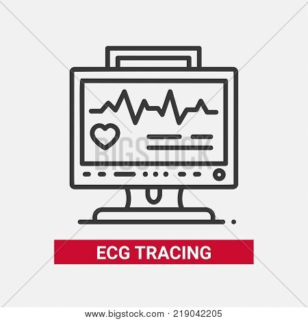ECG tracing - line design single isolated icon on white background. High quality black pictogram with description. Monitor with electrocardiogram. Healthcare, medical help concept