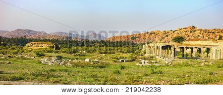 Market complex on the way to the Vitthala temple, Hampi, Karnataka, India.