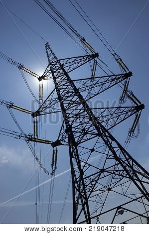Electrcity Pylon In Silhouette Eggborough Power Station Yorkshire England