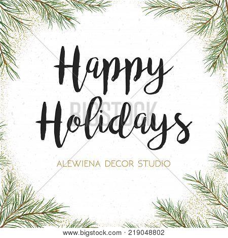 Vector greeting card invite: Pine tree greenery branches green spruce needles & golden glitter wreath garland border frame. Cute festive watercolor illustration. Merry Christmas text space design