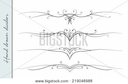 Vector hand drawn elegant flourish text divider graphic design element set. Designer art border for Wedding invite card page decoration. Elegant calligraphic swirls dots delicate motif ornament