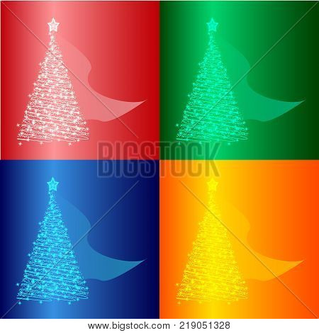 set with illustration of a glowing New Year tree on a red green blue and orange background