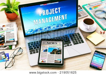 Creative abstract project management business marketing internet web concept: 3D render illustration of laptop with Project Management word text message on the office table with other objects - tablet computer PC smartphone or mobile phone etc.