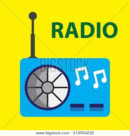 Blue vintage radio on yellow background. Vector illustration. Flat style.
