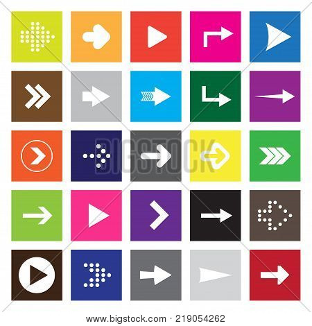 Set Of Twenty-five White Arrows To The Right In Colored Circles.